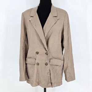 Evereve Womens Large Alexa Linen Blend Double Breasted Blazer‎ Jacket Beige